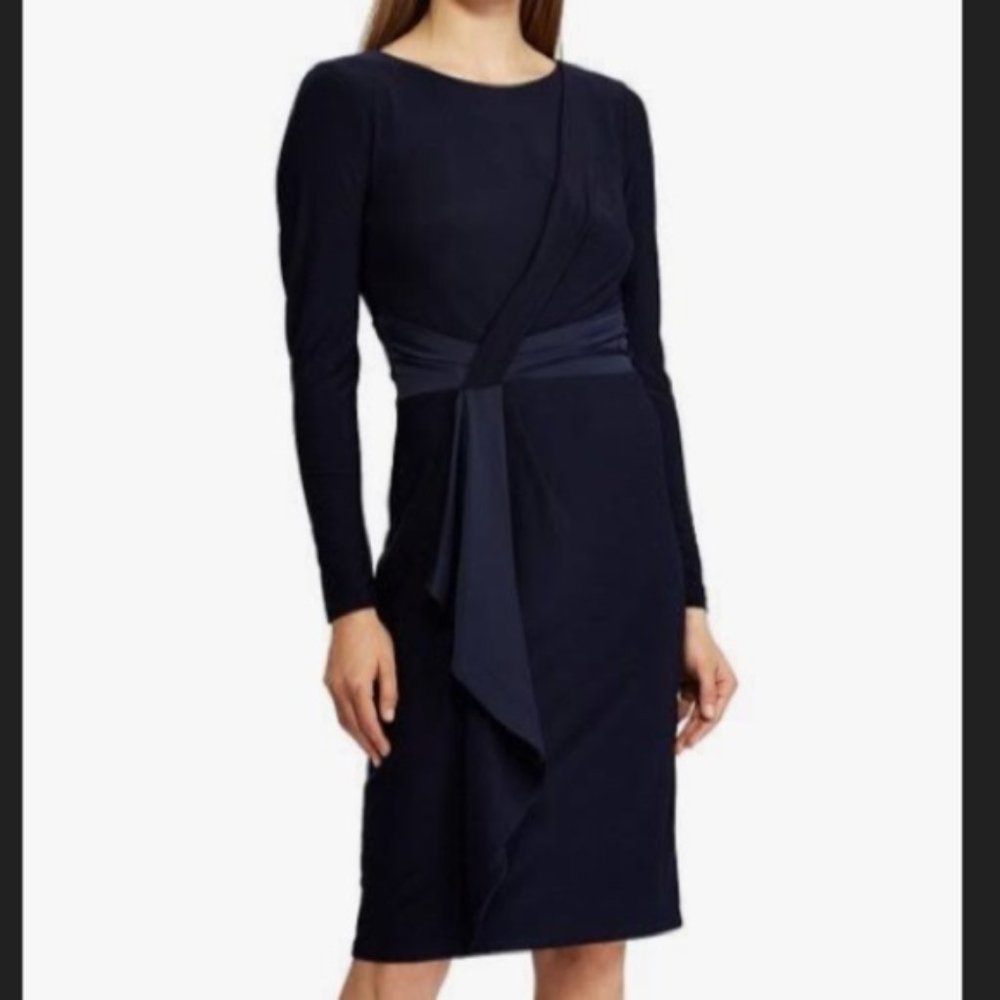 NWT!  RALPH LAUREN Navy Shirred Satin Waist Drape Sash Sheath Dress 12